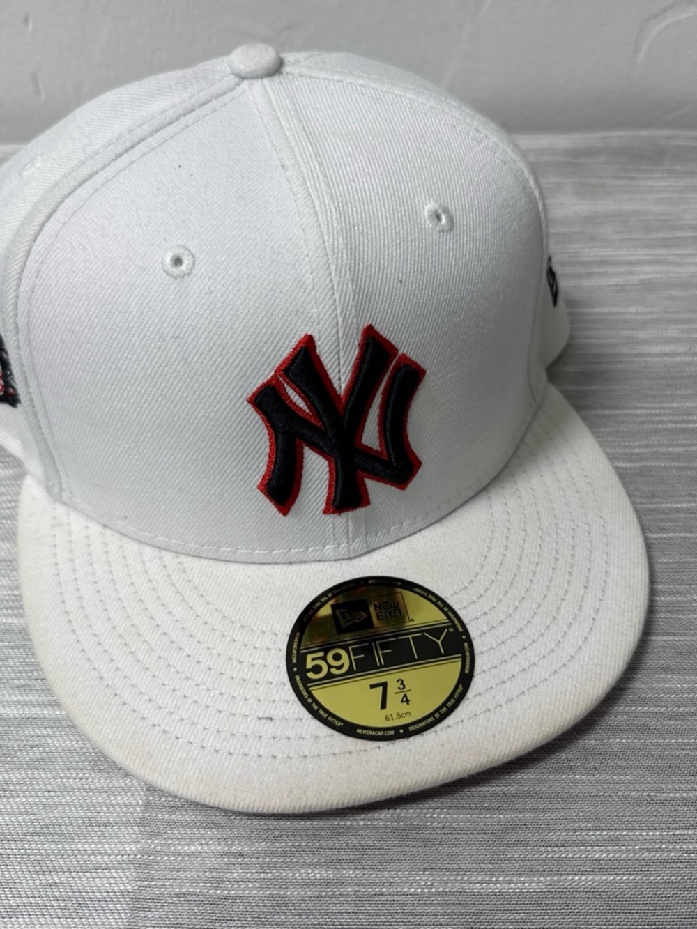 New Era White Fitted Cap with Black and Red NY Logo